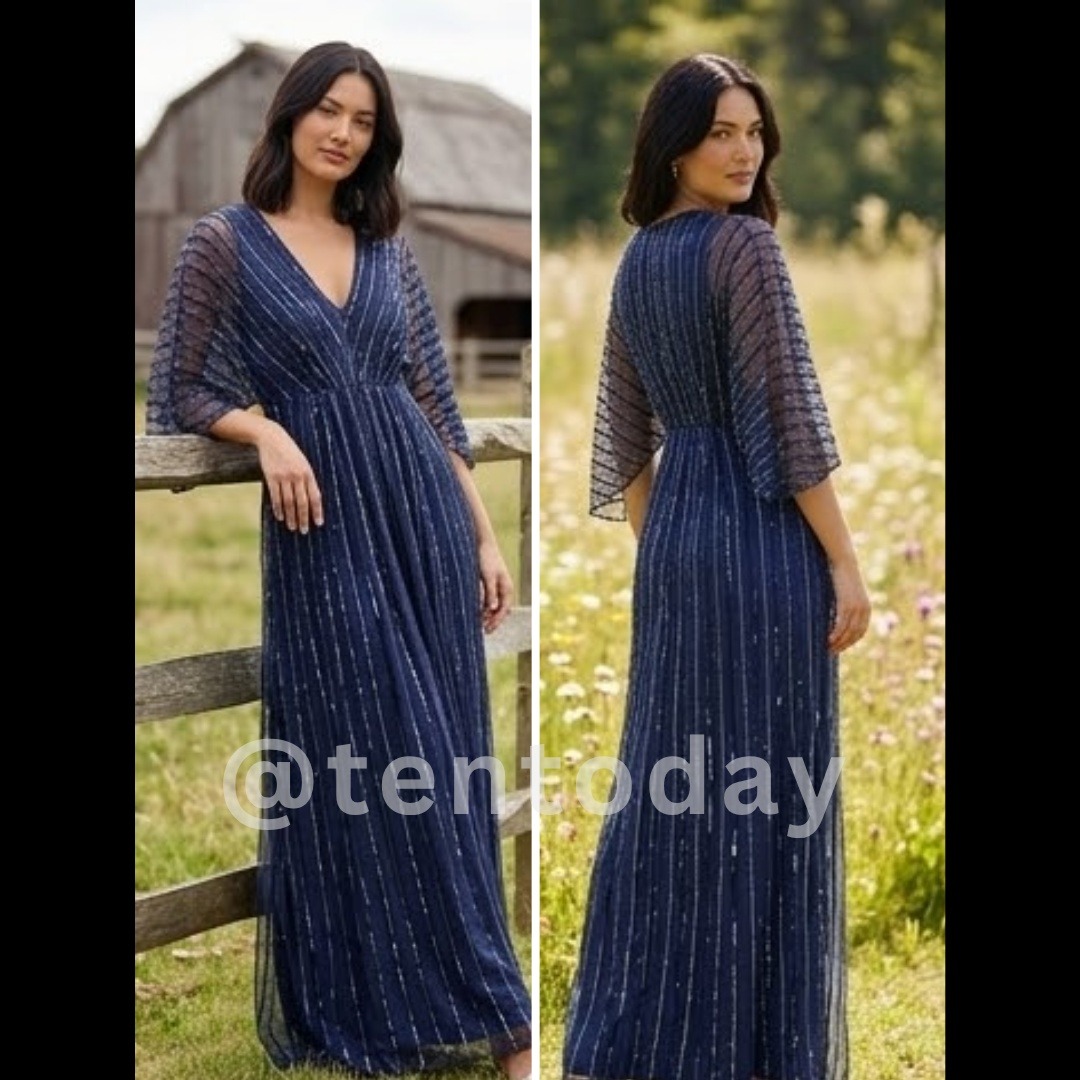 $598 Mac Duggal Size 16 Dark Blue Kimono Sleeve Beaded Evening Gown Maxi Dress